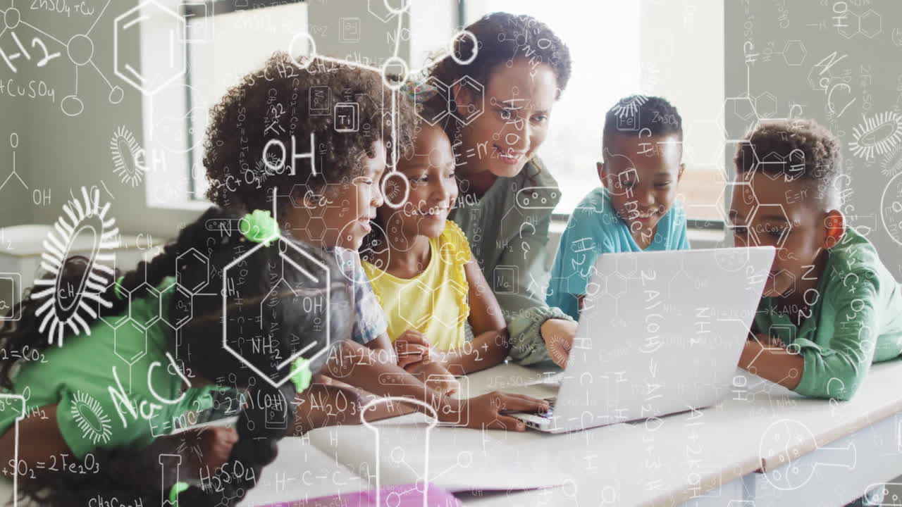 Animation of chemical equations over biracial female teacher learning with diverse schoolchildren