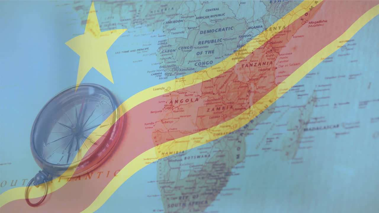 Compass and map of Africa with Democratic Republic of Congo flag animation