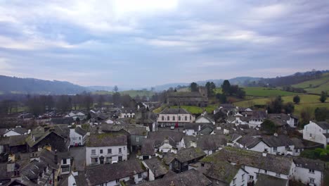 Drone,-aerial-footage-of-the-historic-village-of-Hawkshead-a-ancient-town-in-the-Lake-District,-Cumbria