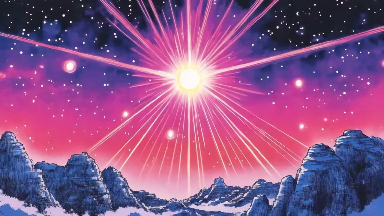 A vibrant, cosmic landscape with a radiant starburst in a colorful sky, viewed from a low angle