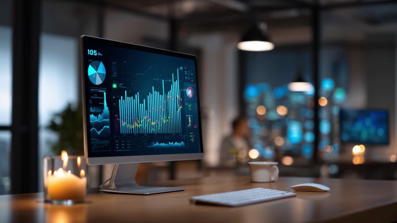 A Modern Workspace Featuring Advanced Data Analytics Displayed on a Desktop Monitor Surrounded by Soft Lighting and a Calm Atmosphere Enhancing Productivity