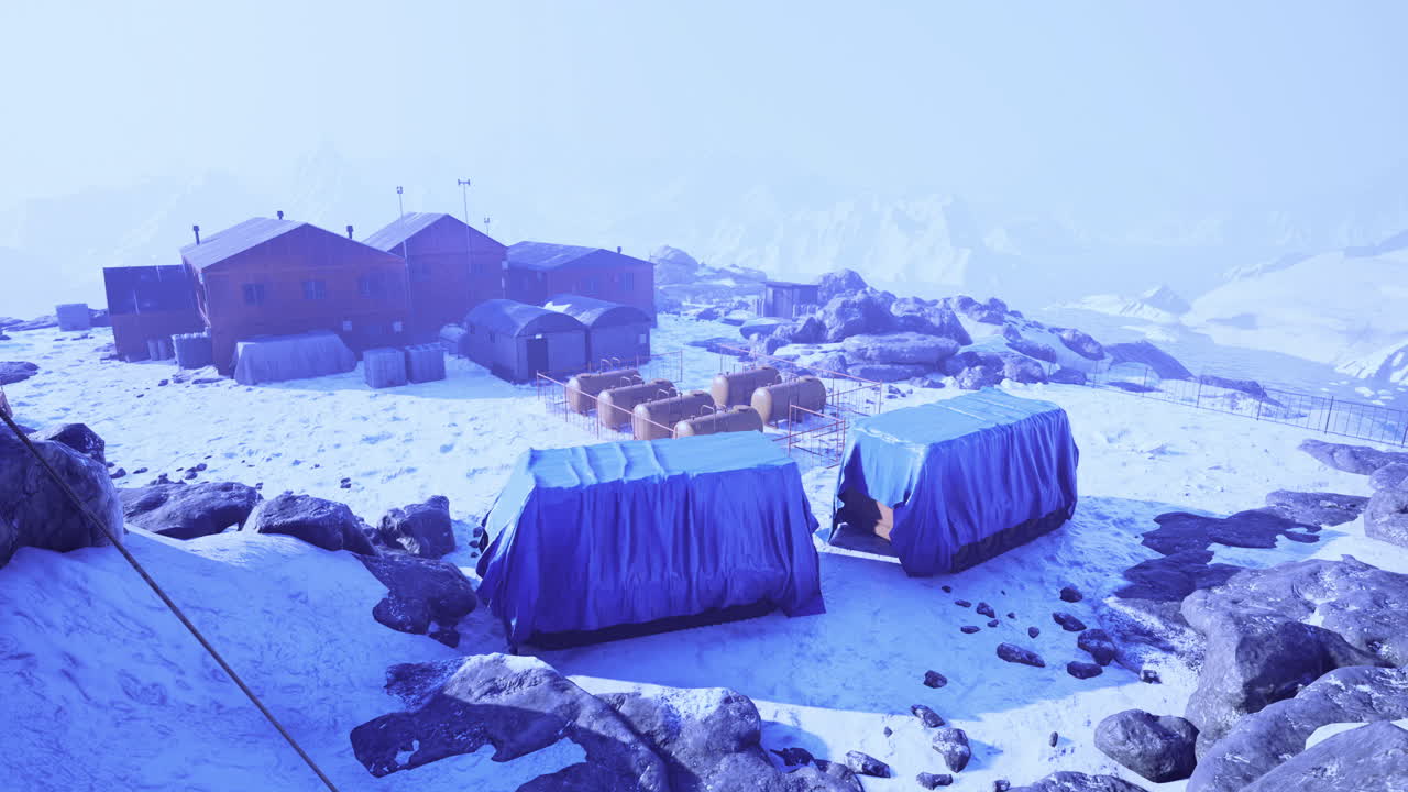 Winter research base in snowy mountains for scientific exploration