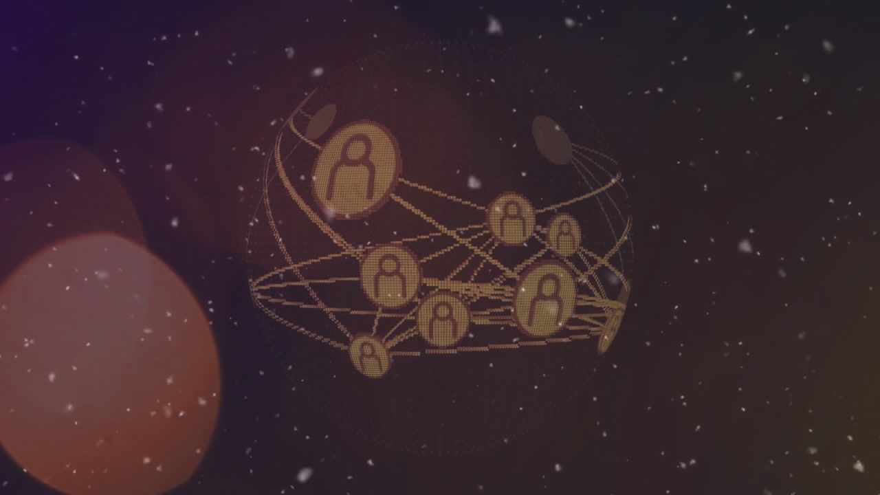 Purple glow fading showing 3D network globe rotating as icons linking lines visualizing data flow