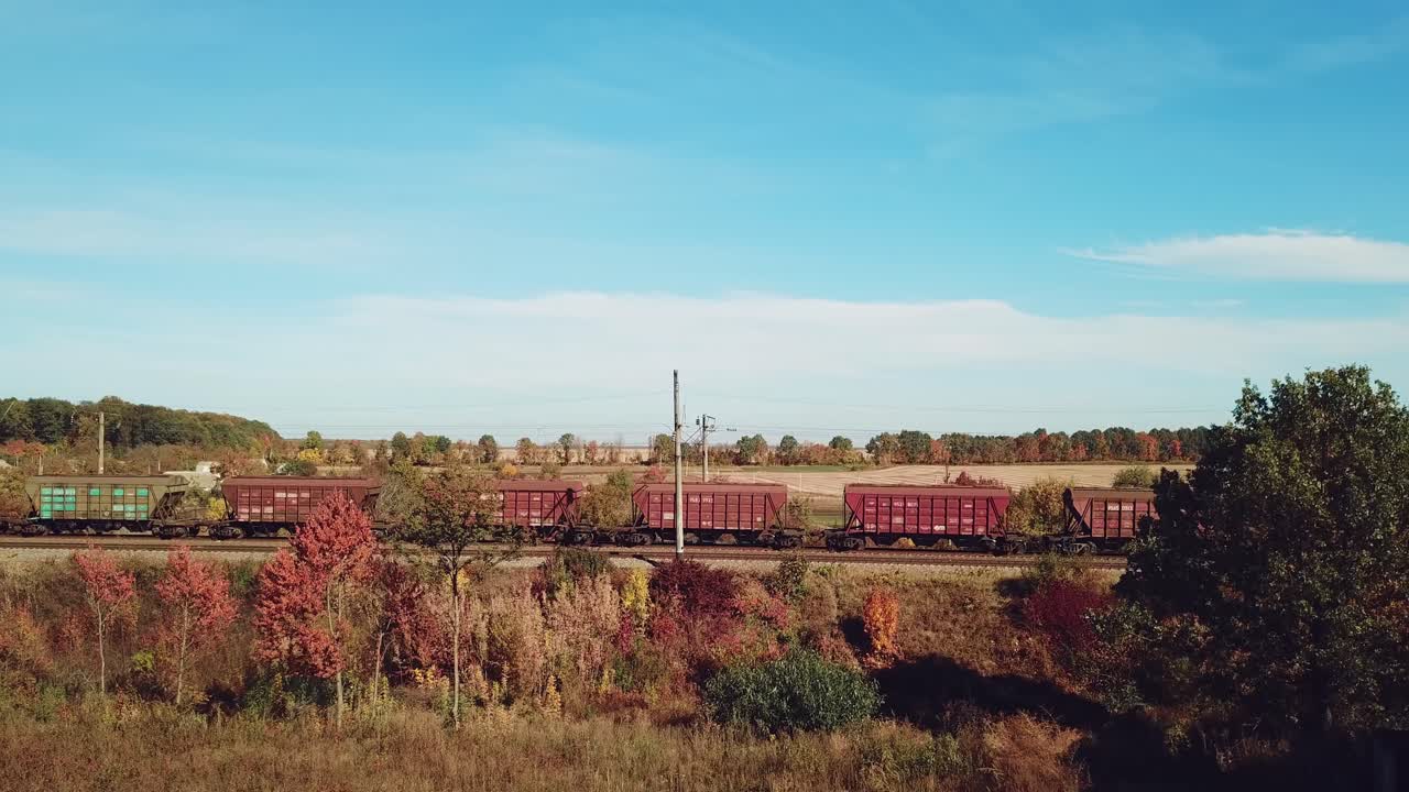 carriages of freight train are passing by rail in the field on the background of buildings of countryside in the summer.