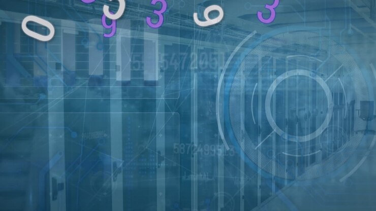 Animation of text buy get symbols over data processing in holding floating purple background