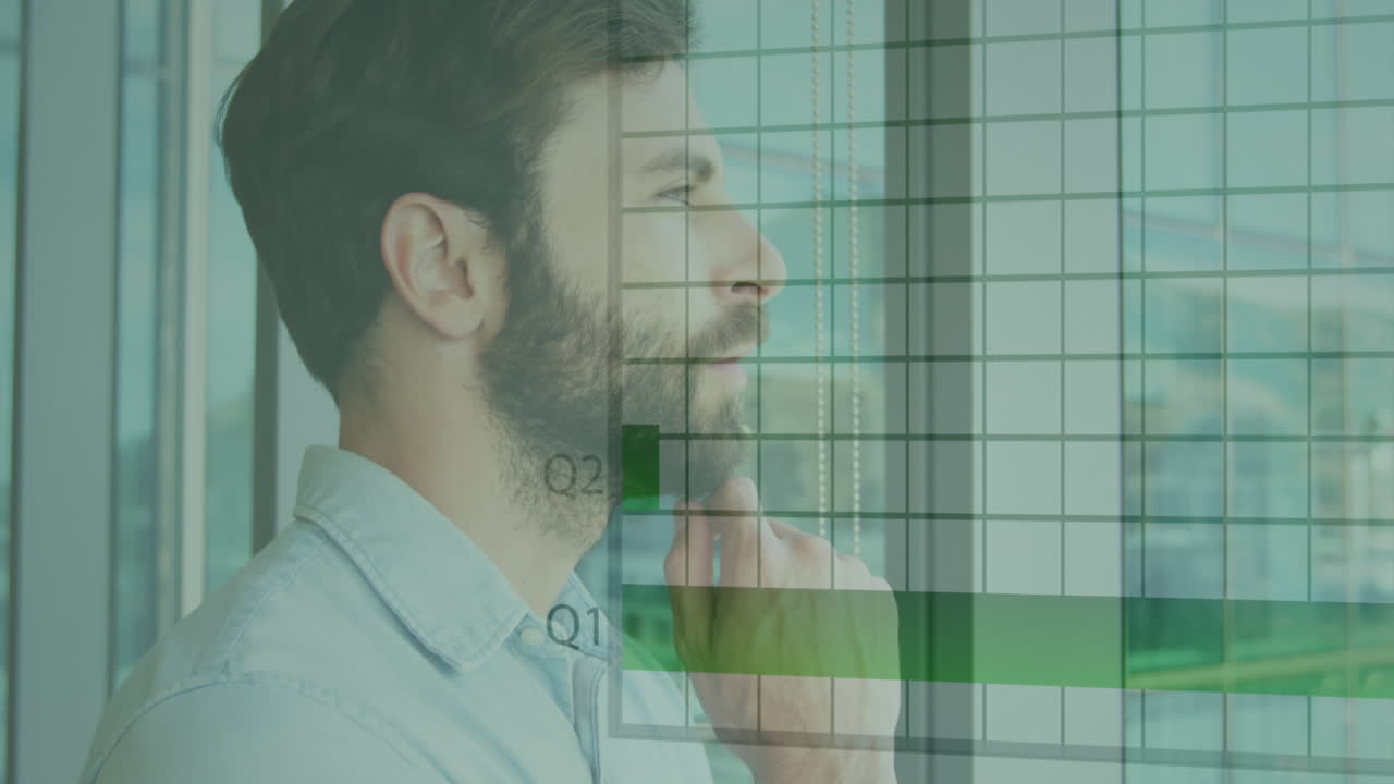 Animazione di elaborazione di statistiche e dati su uomo d'affari