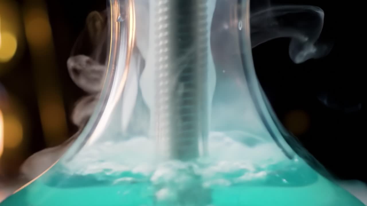 Captivating Details of a Bubbling Hookah with Enigmatic Vapor and Vibrant Colors, Showcasing the Fluid Dynamics and Aesthetic Appeal of Modern Smoking Devices