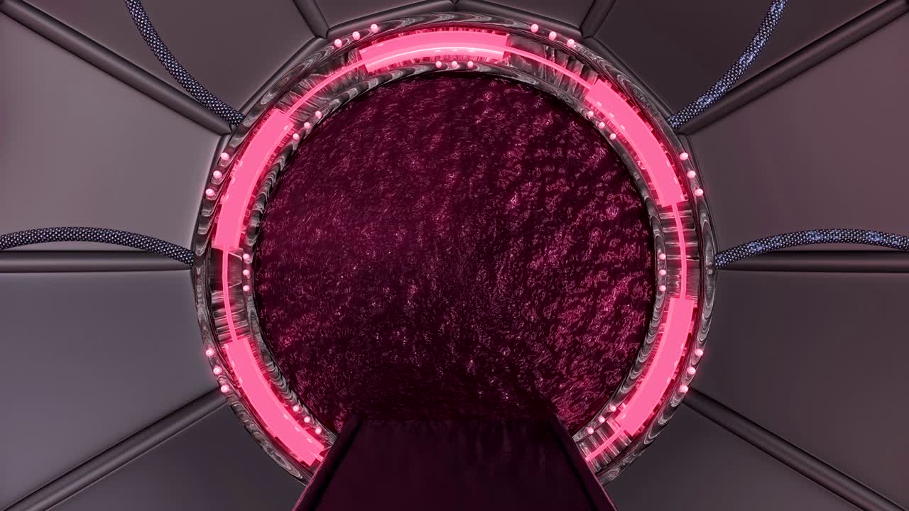 la escotilla de hierro abre una vista panorámica a la escena del paisaje de la nave espacial. fondo abstracto 3d de corredor de ciencia ficción con portal. tecnología futurista abstracto vj para títulos tecnológicos y fondo.