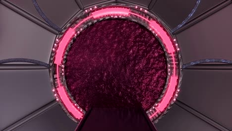 iron hatch opens panoramic view to the spaceship landscape scene. 3d abstract background of sci-fi corridor with portal. futuristic technology abstract vj for tech titles and background.