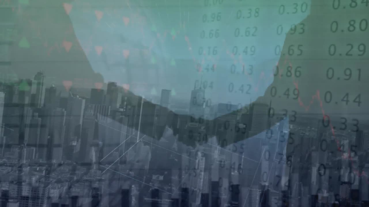 주식 시장 데이터 처리는 도시 풍경에 손을 흔드는 사업가들의 실루 ⁇  위에