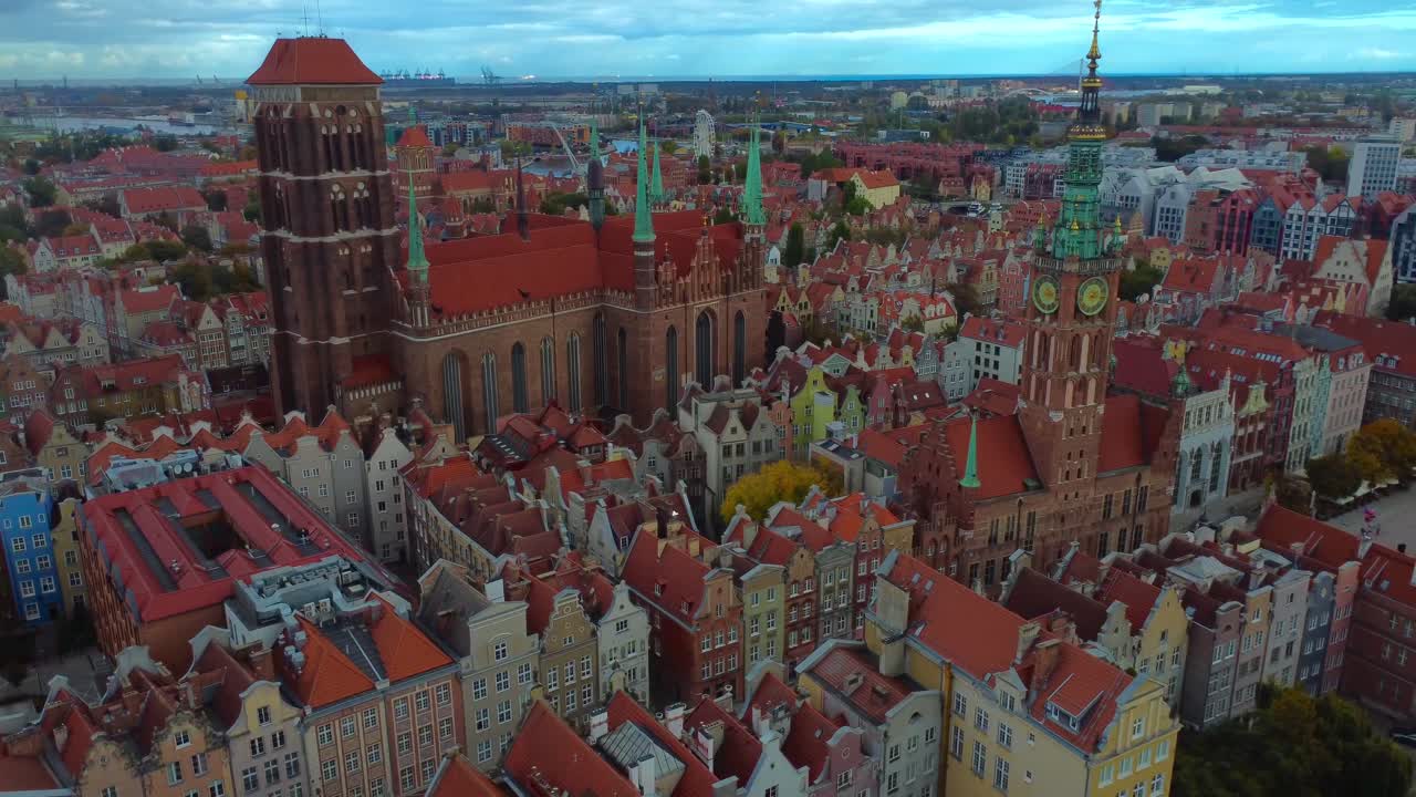 Cinematic aerial 4K drone video of Gdansk, Poland - including Old Town Hall and St Mary's Basilica