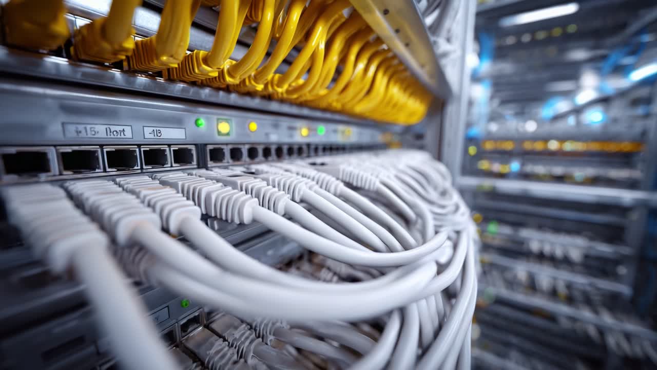 A Close-Up View of Network Ports and Cables in a Data Center, Showcasing Organized Connections and Illuminated Indicators for Data Transmission