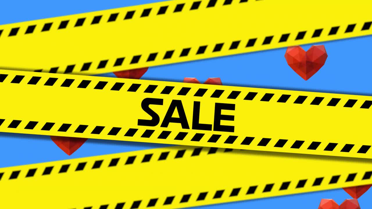 파란색 바탕에 여러 개의 빨간색 심장을 배경으로 판매 텍스트를 가진 노란색 경찰 테이프