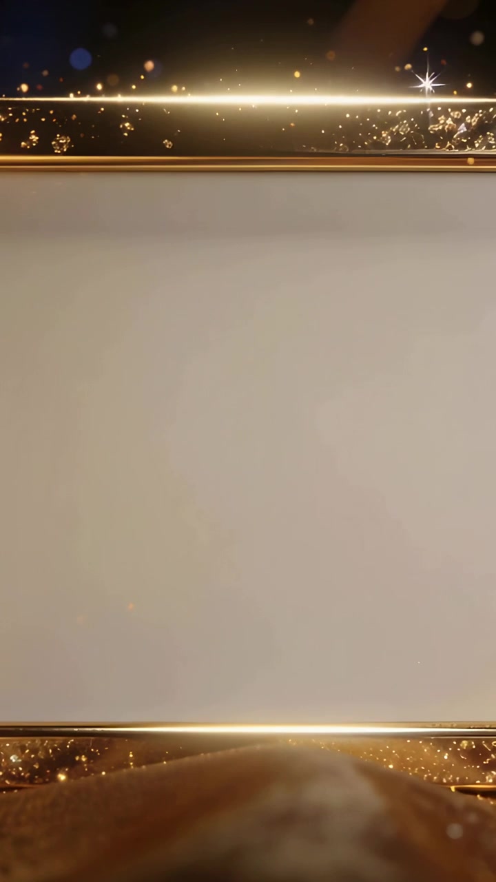 Video verticale: Pannello luminoso vuoto con cornice dorata sul palco, con luce dall'alto che spazza via le particelle per la rivelazione.