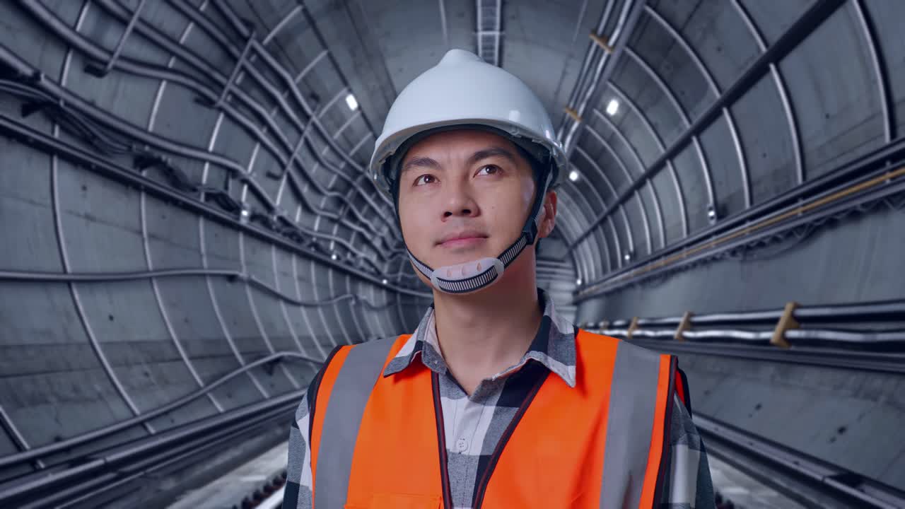 Close Up Of Asian Male Engineer With Safety Helmet Looking Around While Standing In Underground Subway Tunnel