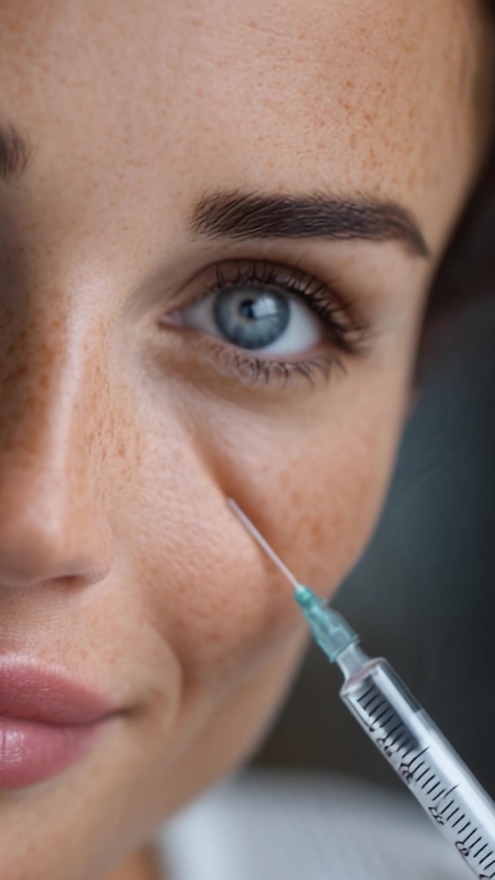 Primo piano del volto di una donna con lentiggini che evidenzia una procedura di iniezione cosmetica, enfatizzando bellezza e cura nei trattamenti estetici e nelle innovazioni per la cura della pelle