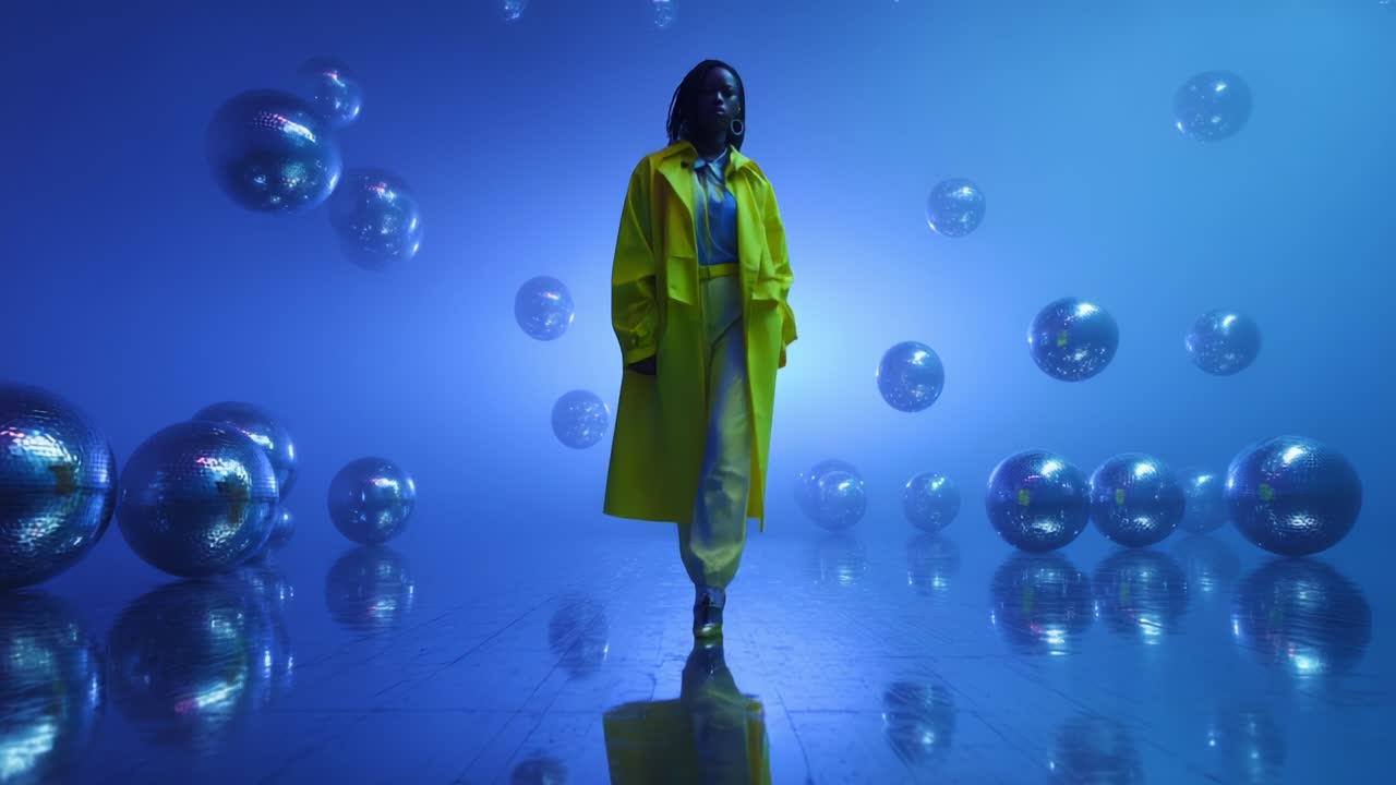 A vibrant fashion moment featuring a model in a striking yellow coat, confidently walking through a surreal environment filled with shimmering disco balls and a captivating blue haze, evoking a sense of style and artistry