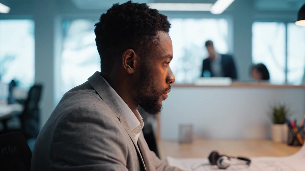 Professionista concentrato che lavora alla scrivania in un moderno ambiente d'ufficio, impegnato in un compito con attenzione ai dettagli, evidenziando gli sforzi in un contesto di lavoro collaborativo.