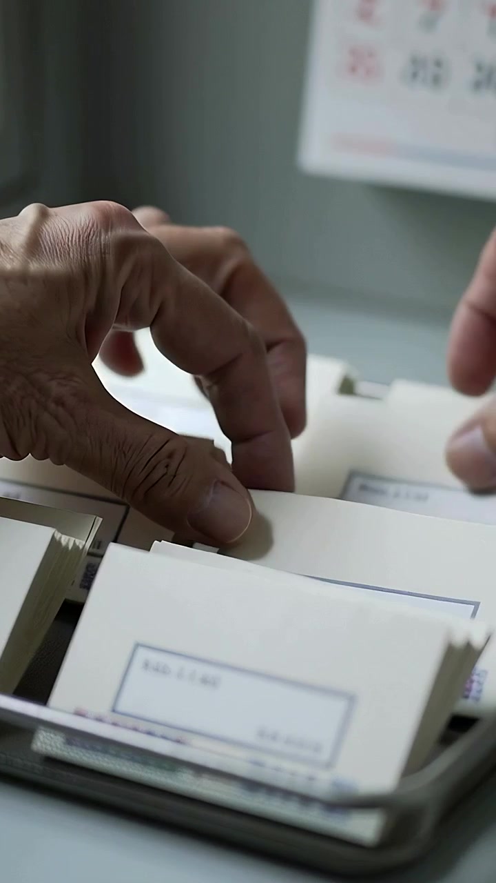 Vertical video: Reaching aged hands sorting index cards in metal tray at desk, pulling card to file