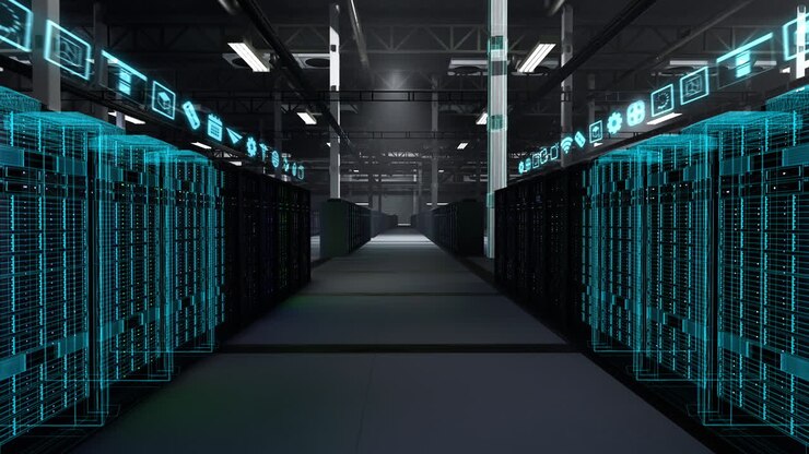Scansione di attrezzature vuote per data center tramite tecnologia olografica AR, compositing VFX
