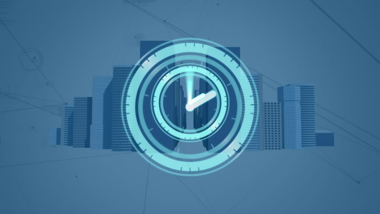 Animation of moving clock over city scape and data processing