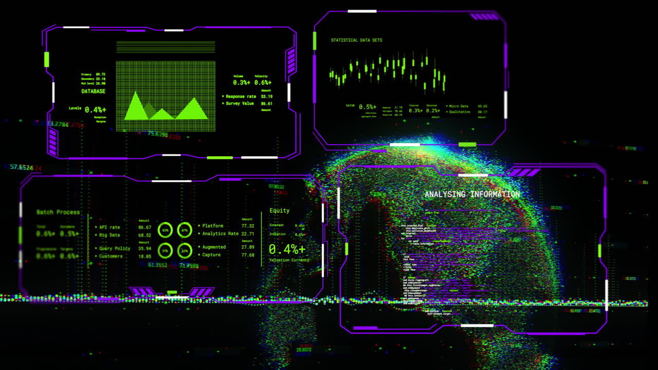 animación del procesamiento de datos digitales y globo sobre fondo negro
