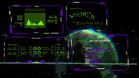 animación del procesamiento de datos digitales y globo sobre fondo negro