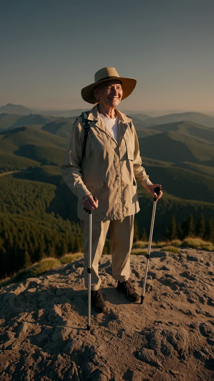 Senior woman backpacker standing on top of mountain using trekking poles and enjoying inspiring view of evening mountain landscape at sunset