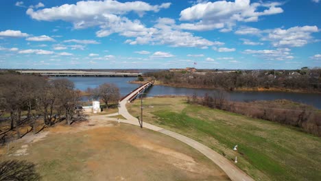 aerial flight of lake next to double tree ranch park in highland village texas