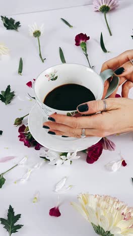 woman holding a cup of coffee surrounded by flowers