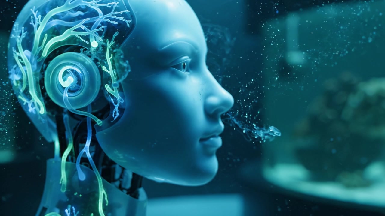 Ritratto robotico futuristico: una vista ravvicinata di una testa AI realistica circondata da bolle e colori vivaci in un ambiente simile a quello sottomarino.
