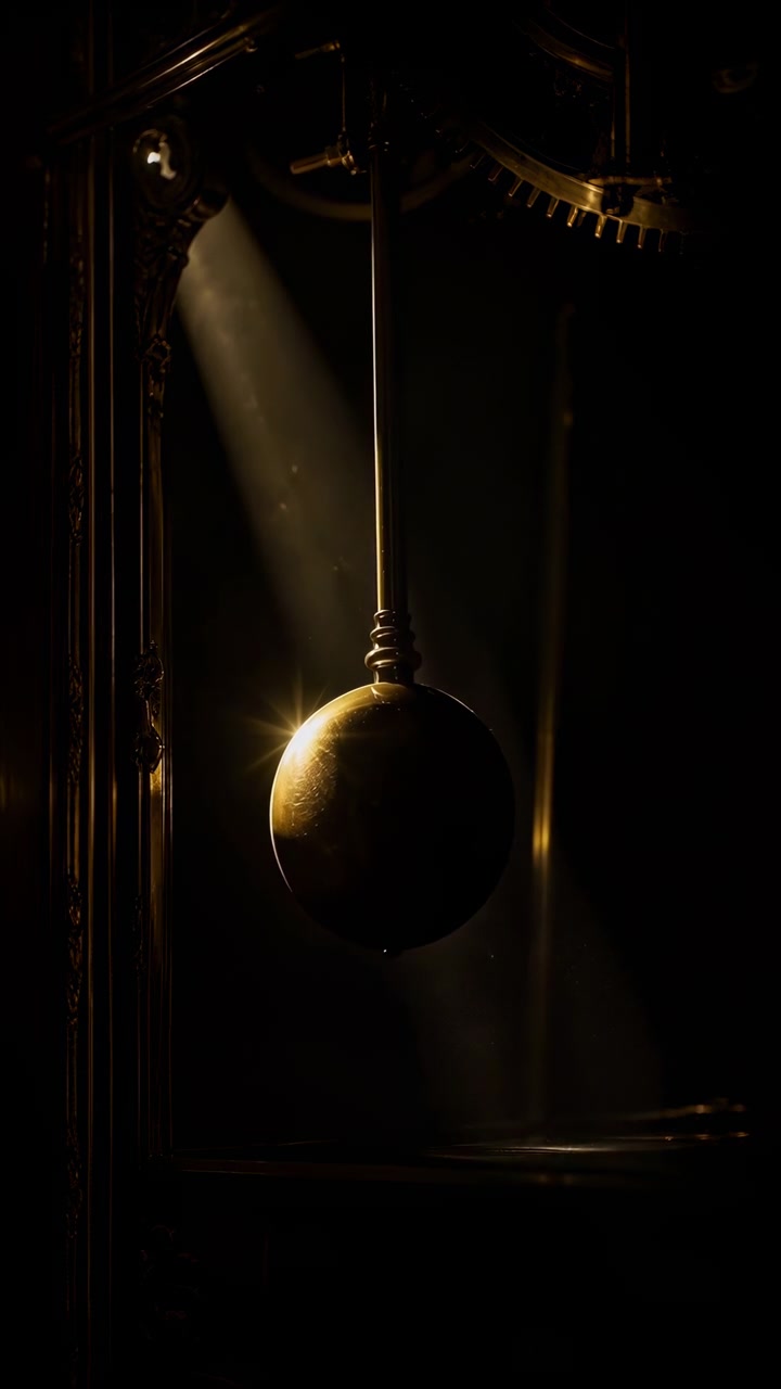Polished brass pendulum bob swings inside ornate gilded clock case, warm spotlight from upper left catching curved metal while drifting dust and rich shadows reveal antique mechanical elegance