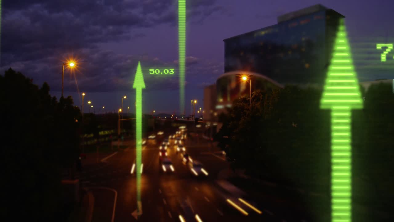 도시 풍경 위의 화살표로 금융 데이터 처리의 애니메이션