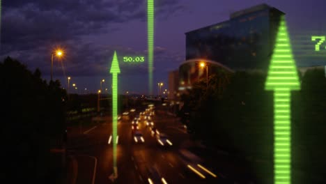 animación del procesamiento de datos financieros con flechas sobre el paisaje urbano