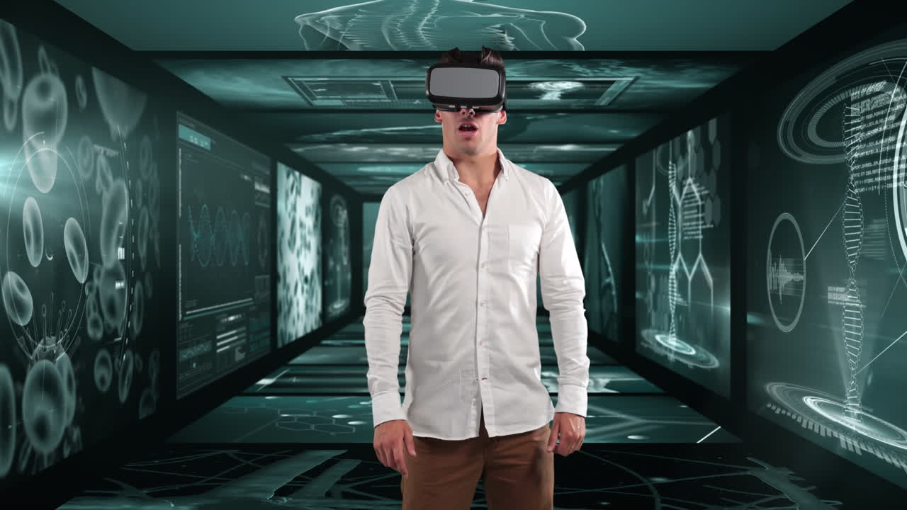 Animazione di un uomo d'affari che indossa un visore VR su schermi con elaborazione di dati medici.