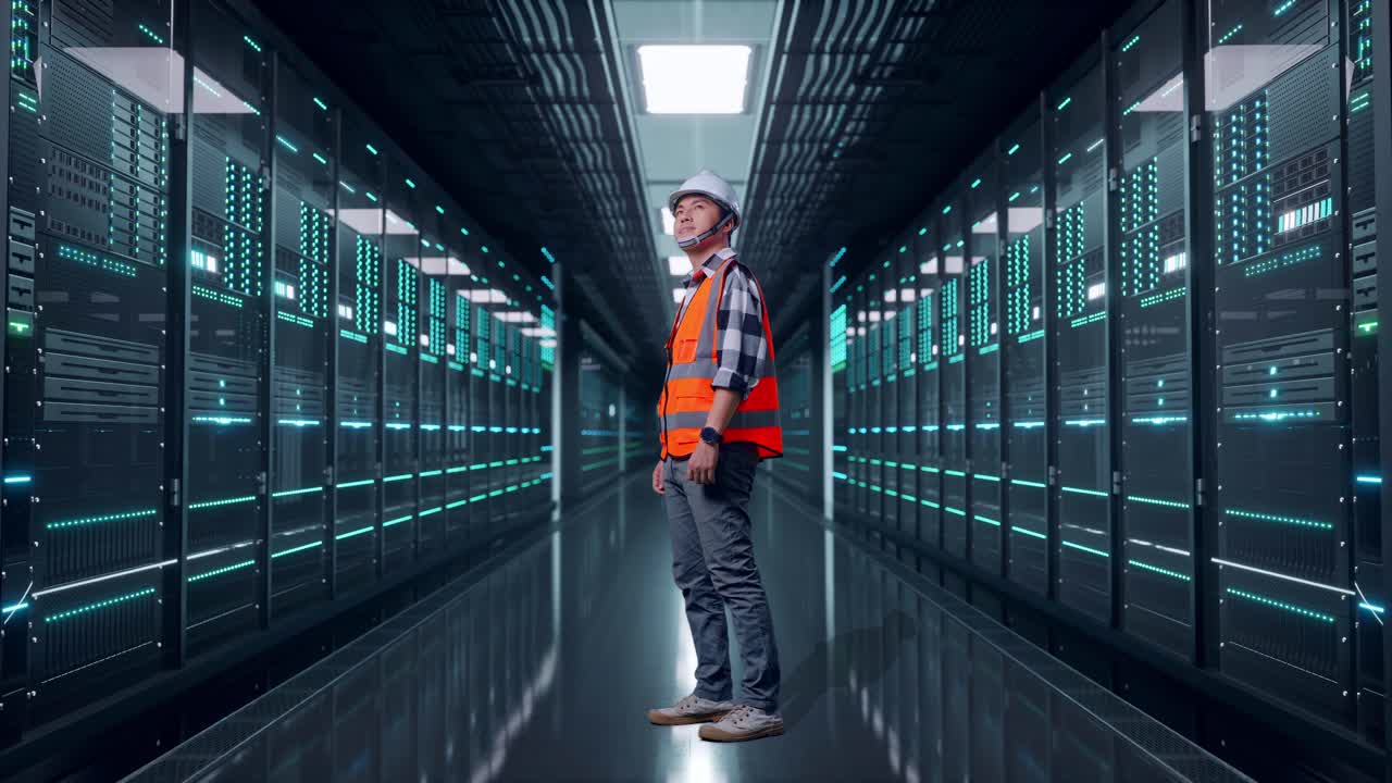 Full Body Side View Of Asian Male Engineer With Safety Helmet Looking Around While Standing in Server Room Data Center