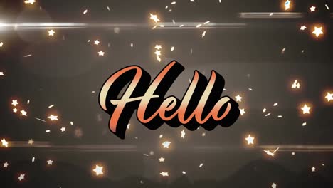 Animation-of-hello-over-stars-and-lights-on-brown-background