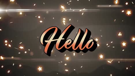 animation of hello over stars and lights on brown background