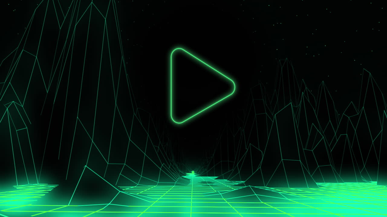 Green triangle outline play button on black background with green grid moving below