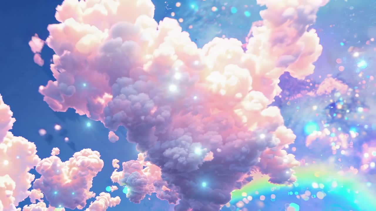Dreamy, surreal clouds in a vibrant sky captured from a low-angle, evoking a fantasy video game