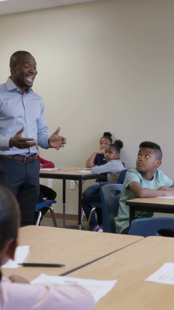 Vertical video: Speaking teacher gesturing, teaching in class, students reading papers, copy space