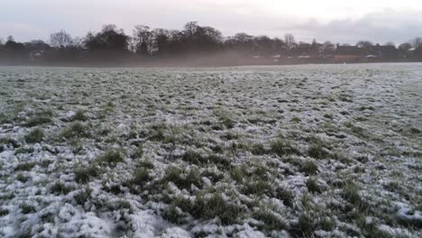 snowy frozen grass misty meadow field low angle aerial moving towards trees