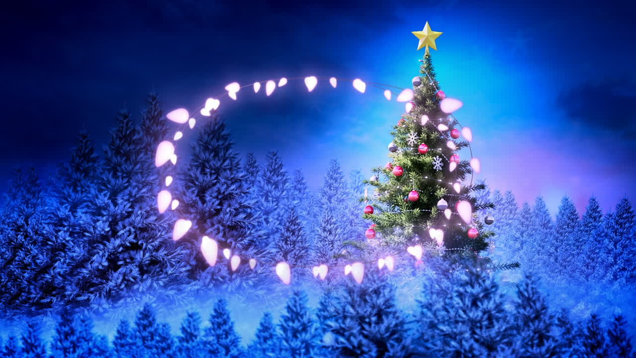 Animation of fairy light frame with copy space over fir trees and winter scenery