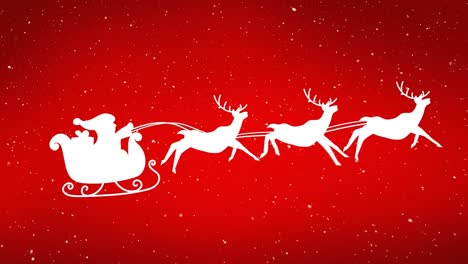 Snow-falling-over-santa-claus-in-sleigh-being-pulled-by-reindeers-against-red-background