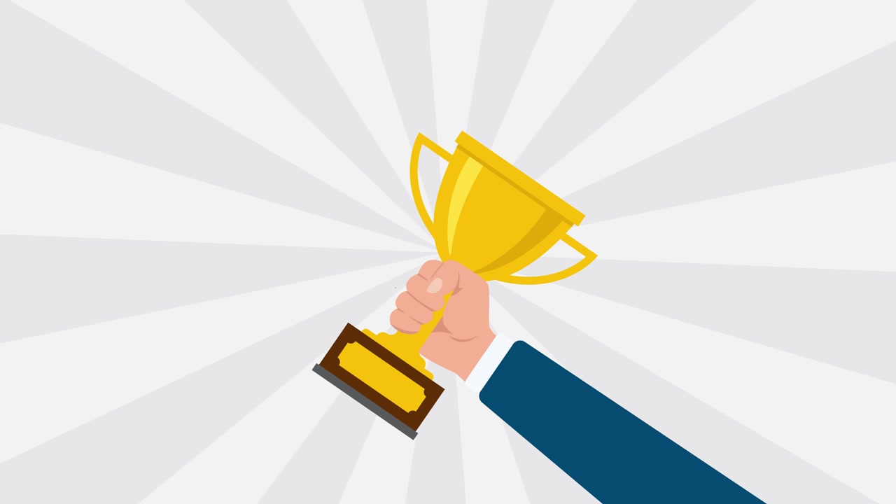 Animated Hand Holding Golden Trophy Cup on Radial Background