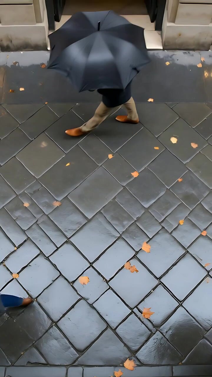 Vertical video: Man entering frame holding large black umbrella heading to doorway on wet tiles
