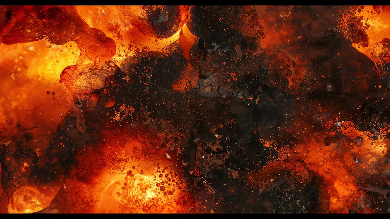 Pulsing glowing coals and charred fragments flickering after heat injection in furnace