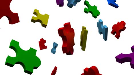 animation of colourful pieces of puzzle falling on white background