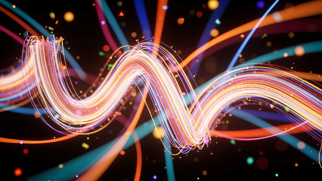 Starting multicolored ribbon undulating across black void, emitting sparkles and revealing depth