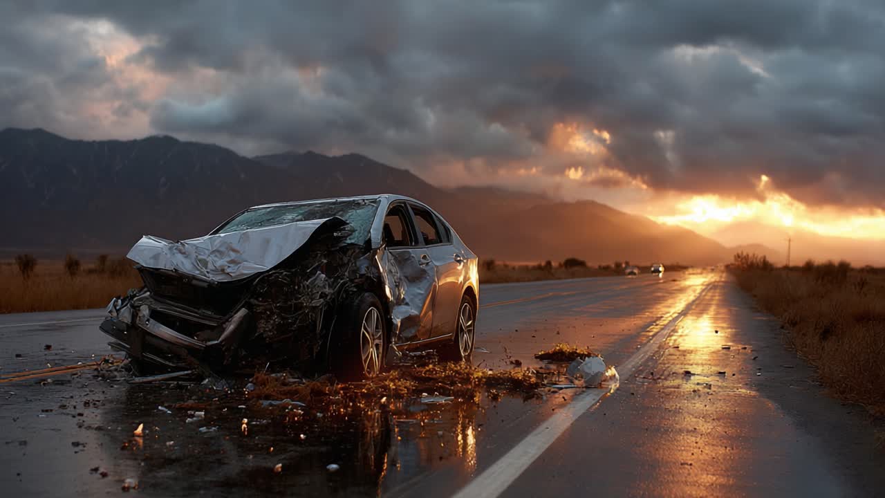 A Devastating Scene of a Wrecked Car on a Lonely Road Amidst Dramatic Skies and Reflections of a Vivid Sunset in the Background